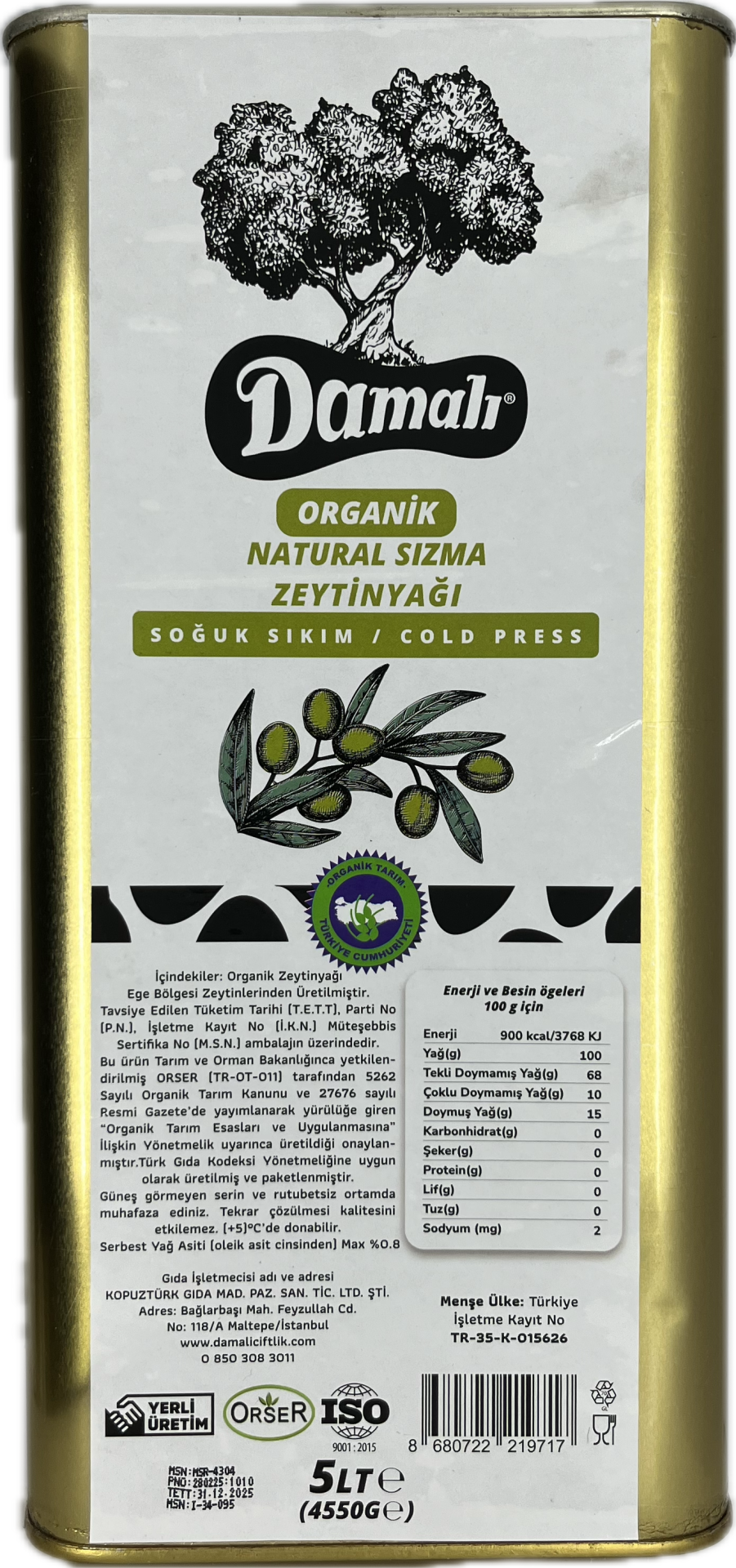 Organik Zeytinyağı (Soğuk Sıkım)5 lt