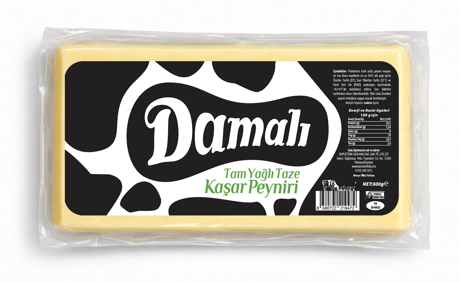 Tam Yağlı Taze Kaşar Peyniri 600 Gr